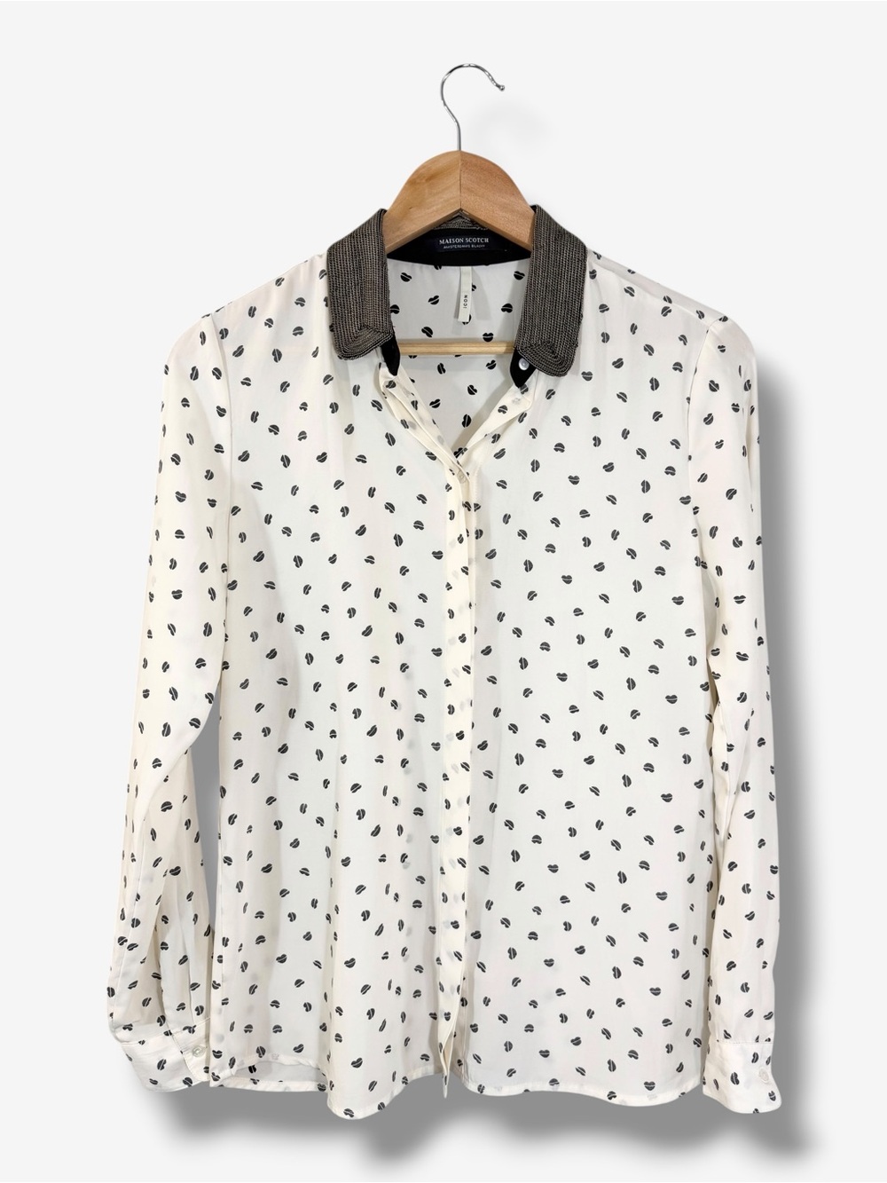 Maison Scotch & Soda ICON Blouse Size 2 Ivory Black Lips Chain Collar Button Up